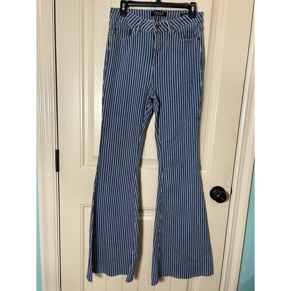 Judy Blue Super Flare Fit Jeans 9/29 Blue White Striped Denim High Rise Raw Hem